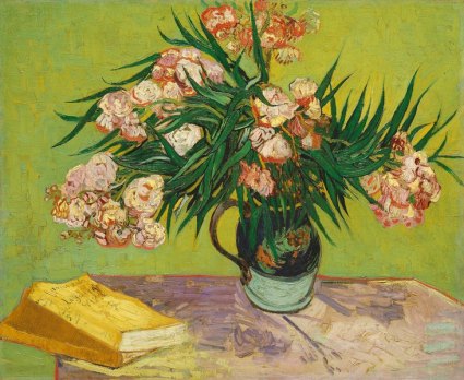 painting of a vase with oleanders and two books on a table