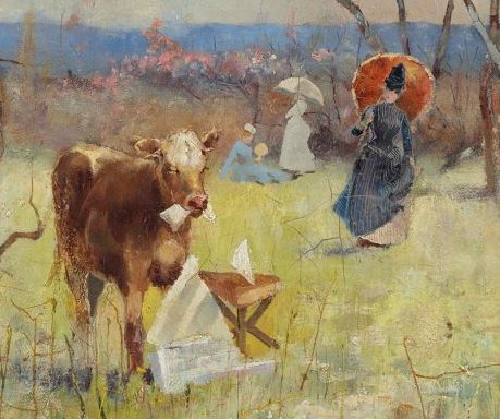 painting showing cow eating a book or a newspaper